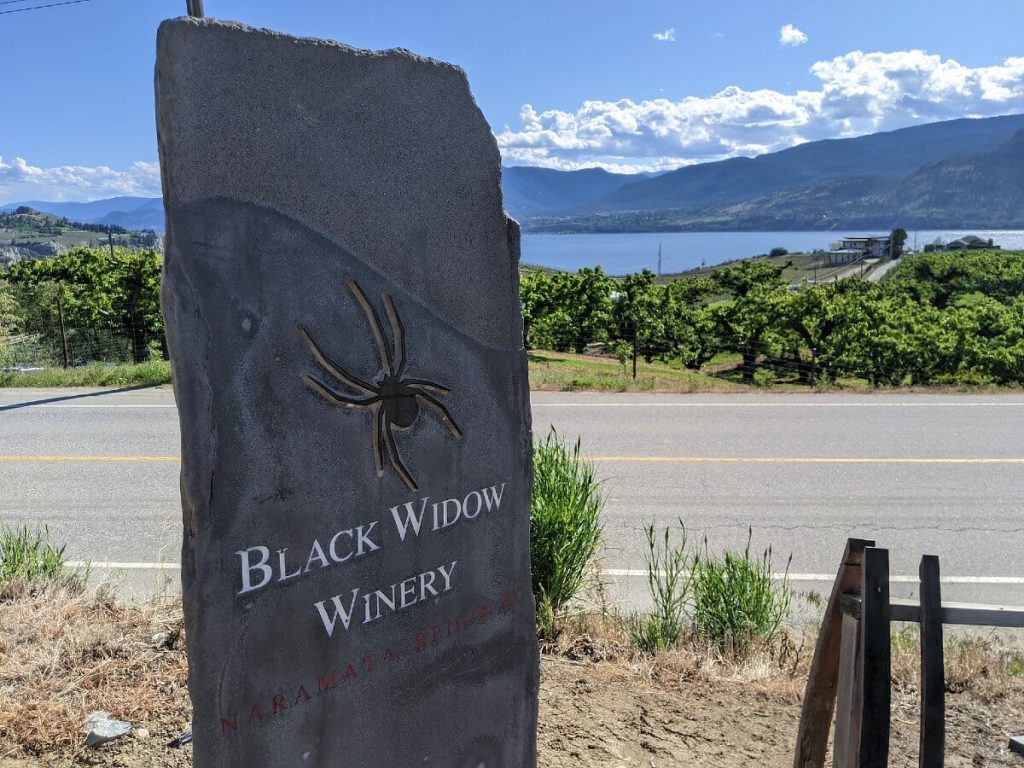 Black Widow Winery signage on rock, in front of road, vineyard and lake views