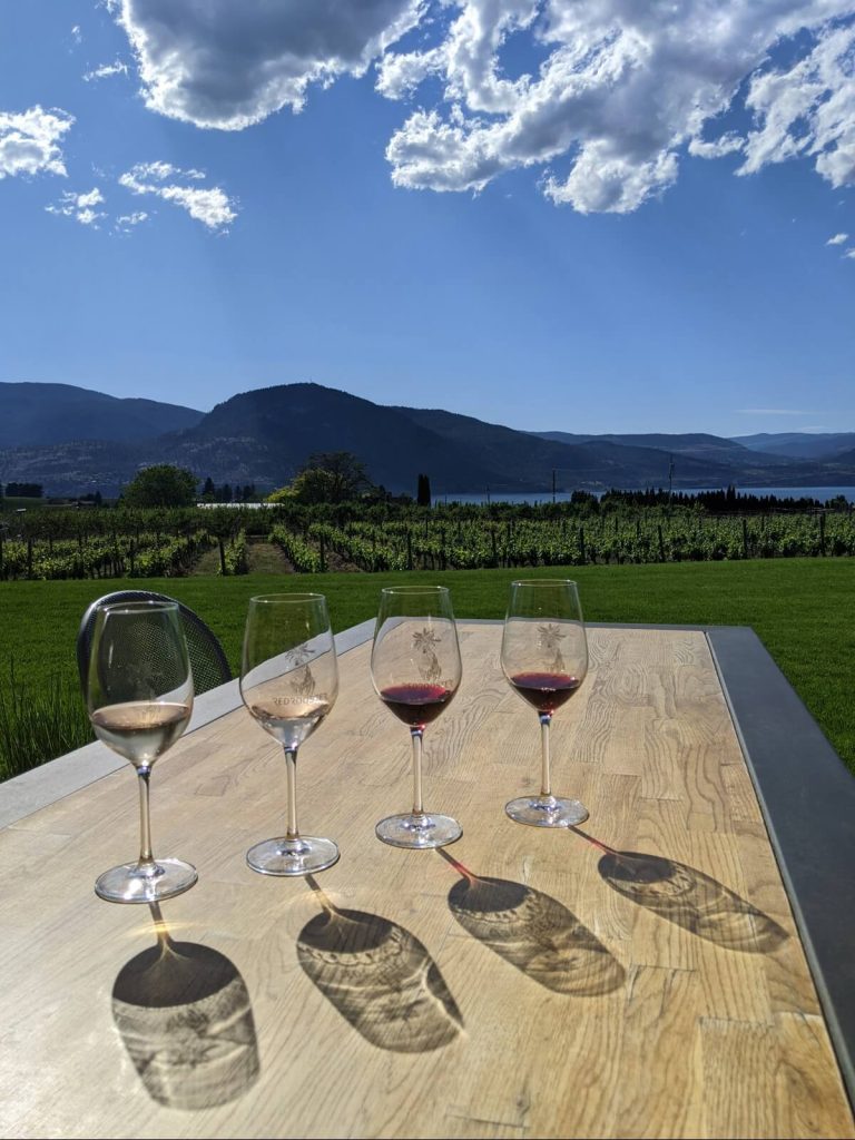Four wine glasses (two containing red wine, two with white wine) are lined up at Red Rooster Winery on a long wooden table with views of vineyards, a lake and mountains in the background