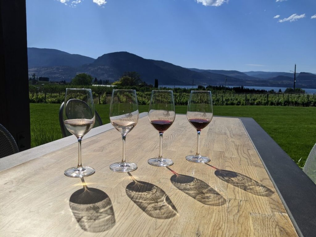 Four wine glasses (two containing red wine, two with white wine) are lined up on a long wooden table with views of vineyards, a lake and mountains in the background