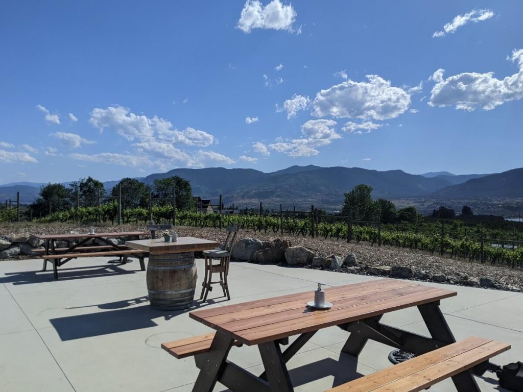 Three Sisters Winery picnic patio featuring wooden picnic tables in front of vineyard views