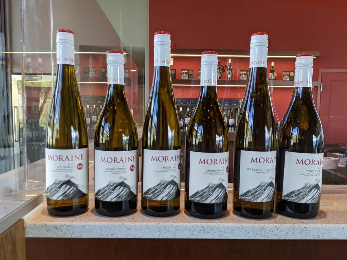 Front view of six bottles of Moraine wine, which are lined up on wine shop counter