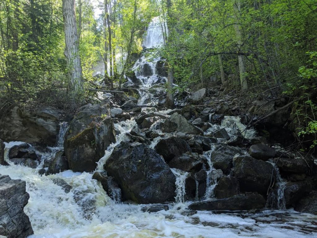 Naramata Creek Falls view with smaller cascades closer to camera and large pluging waterfall in background, surrounded by forest