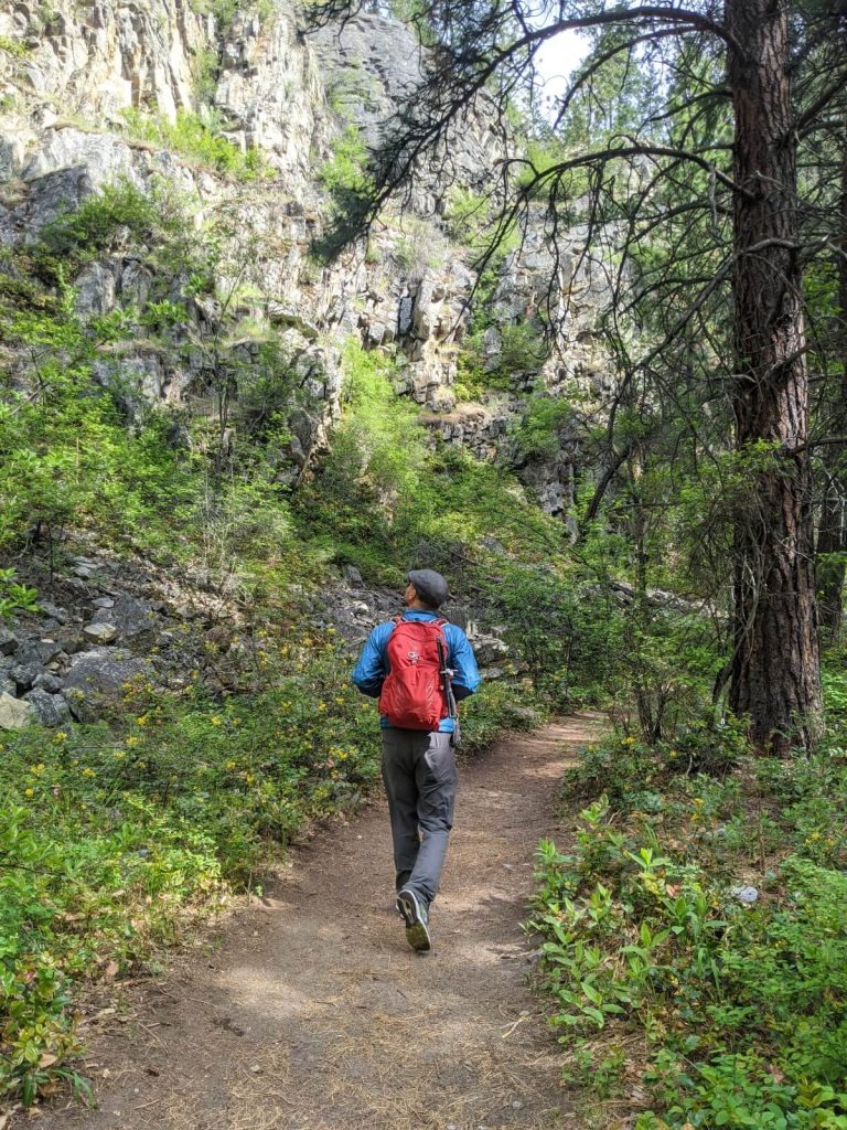 Back view of man with red backpack walking along Naramata Creek Falls Trail with tall rocky cliffs visible on the left
