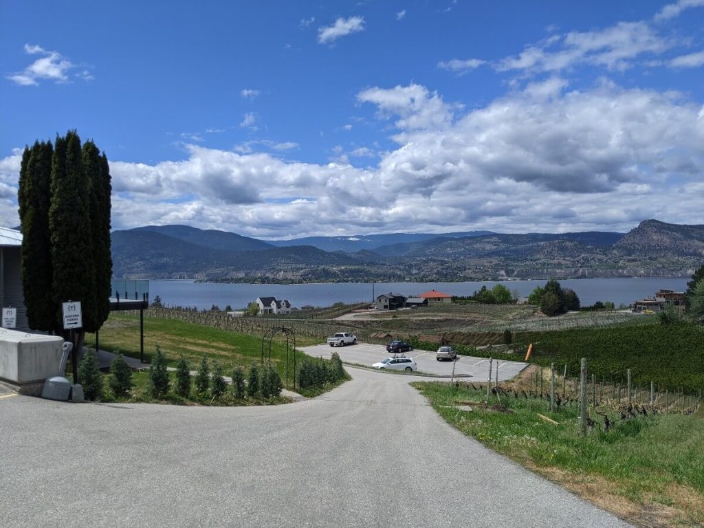 Looking down driveway towards overflow parking lot at Therapy Vineyards, with surrounding vineyards and Okanagan Lake views in background