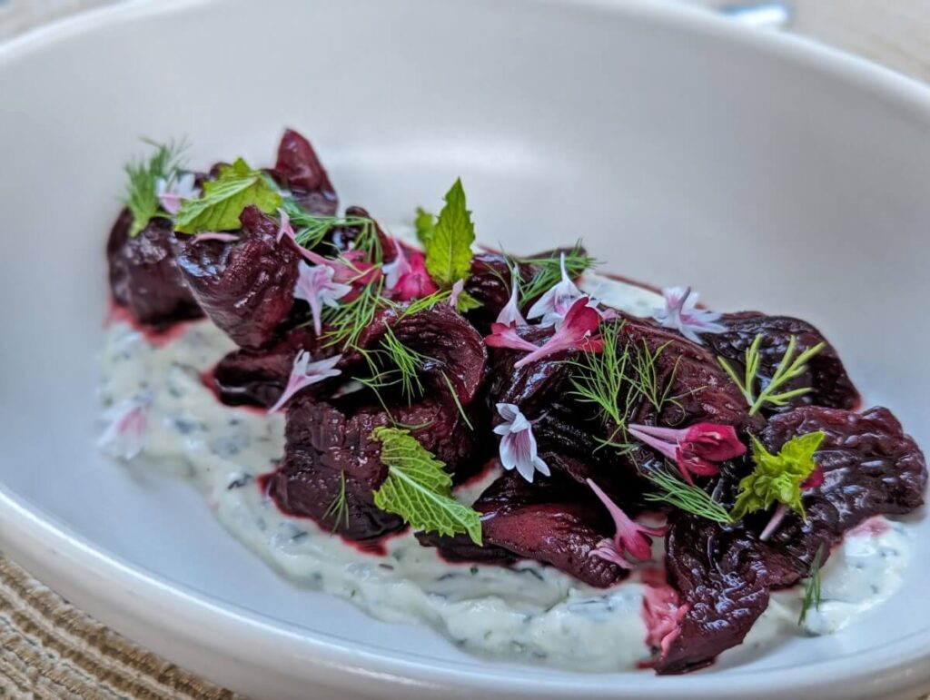 Close up of beetroot dish at Eliza Wine Bar on white dish, with sprigs of dish throughout and white sauce underneath