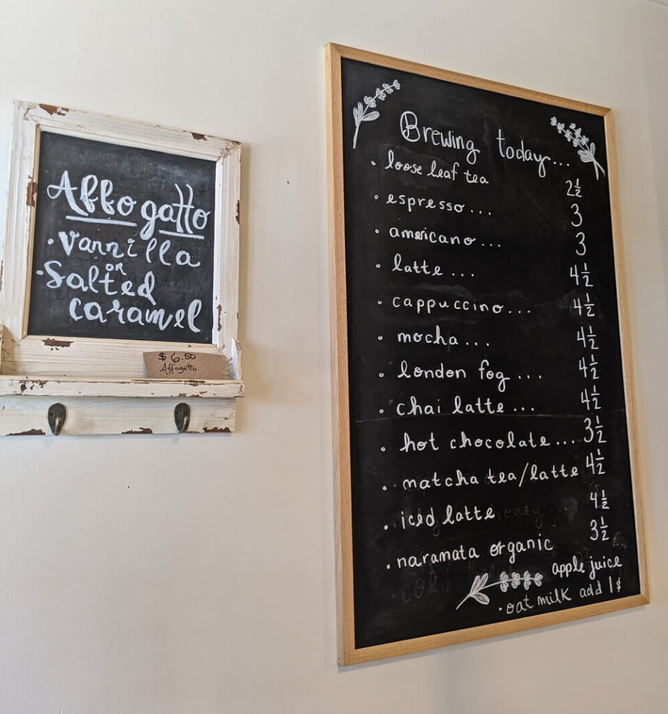 Close up of blackboard coffee list at Just Baked in Naramata