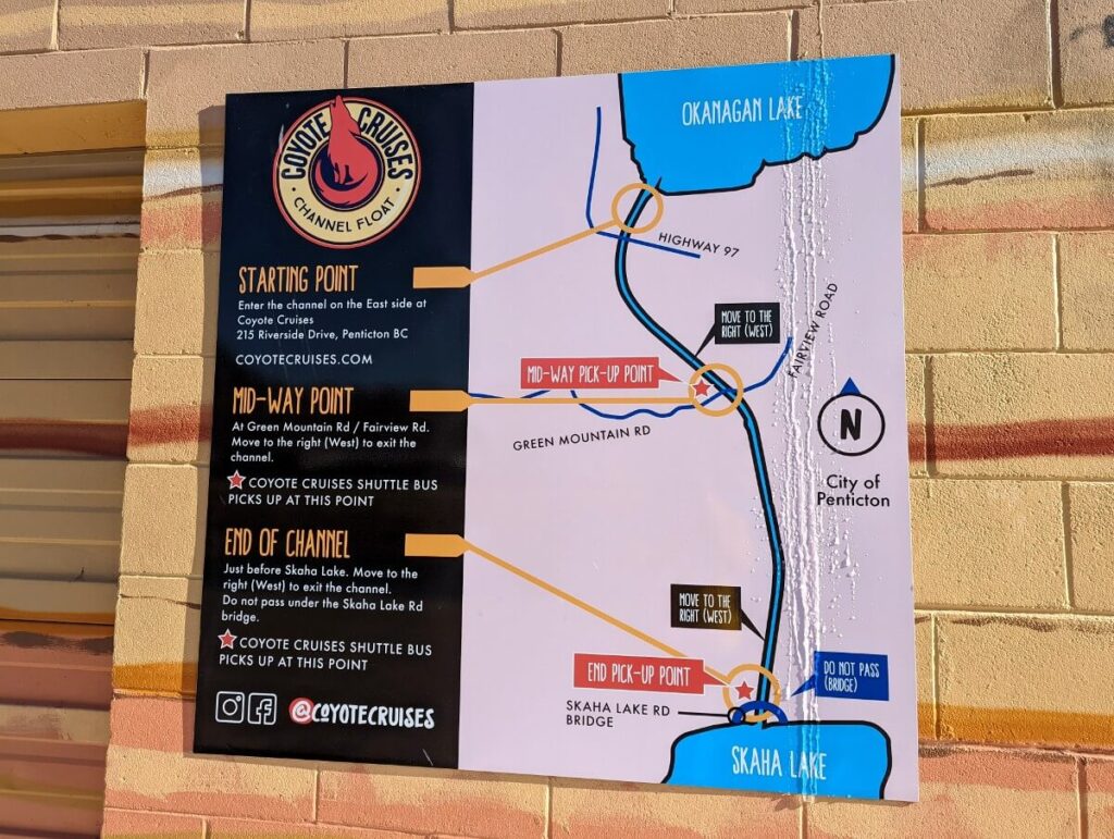 Close up of Penticton Channel Float map on Coyote Cruises building