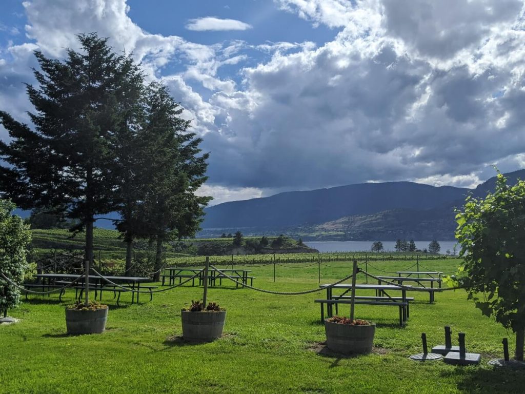 Grass area at D'Angelo Winery surrounded by a rope fence. In the background is a view of Okanagan lake and the surrounding mountains.  