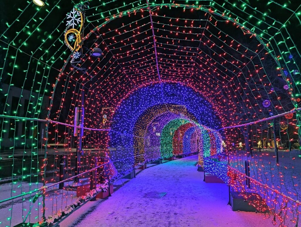 Night view of colourful Penticton light tunnel