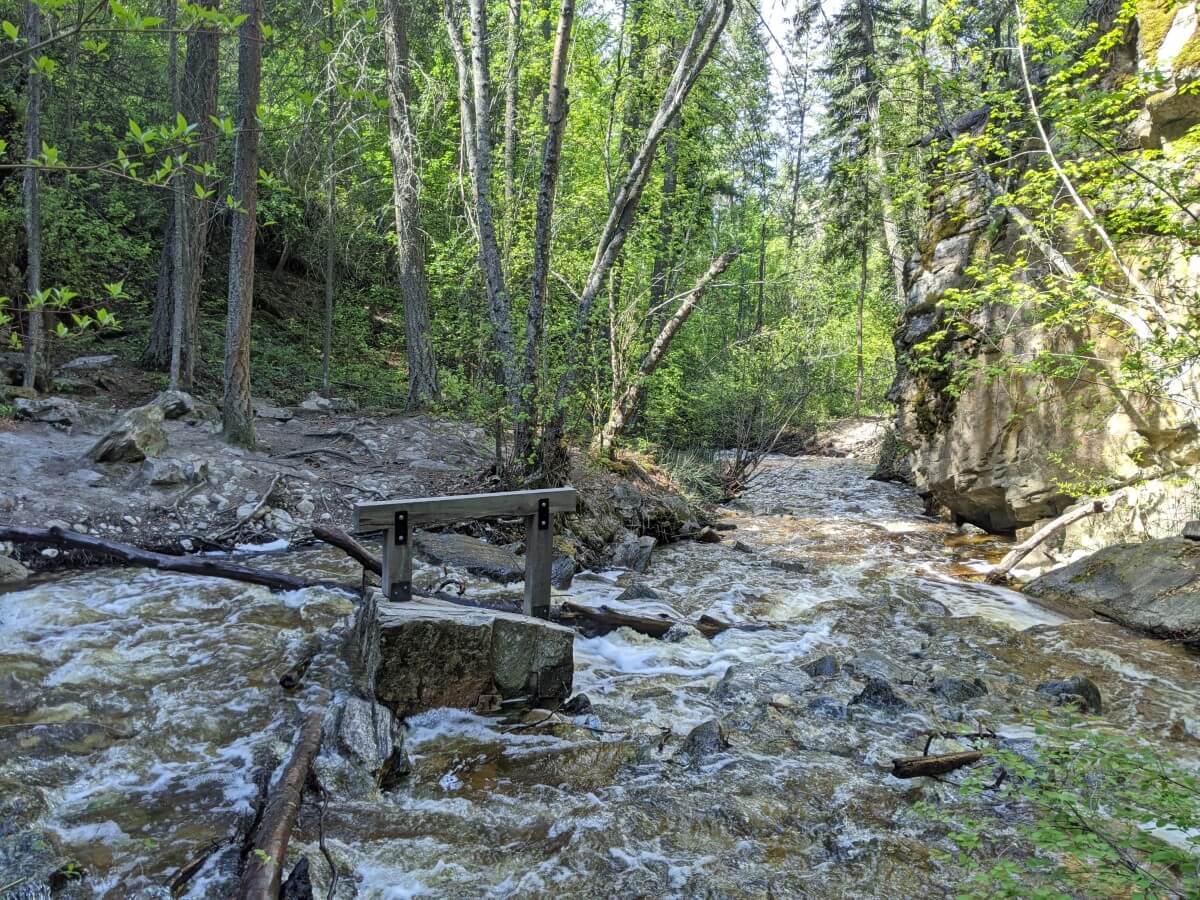 View of Naramata Creek Falls crossing, with remains of wooden bridge. Backdrop of trees and cliff to right