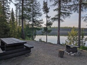 Wooden picnic table and metal firepit in cleared area next to reflective lake, with tall bordering trees