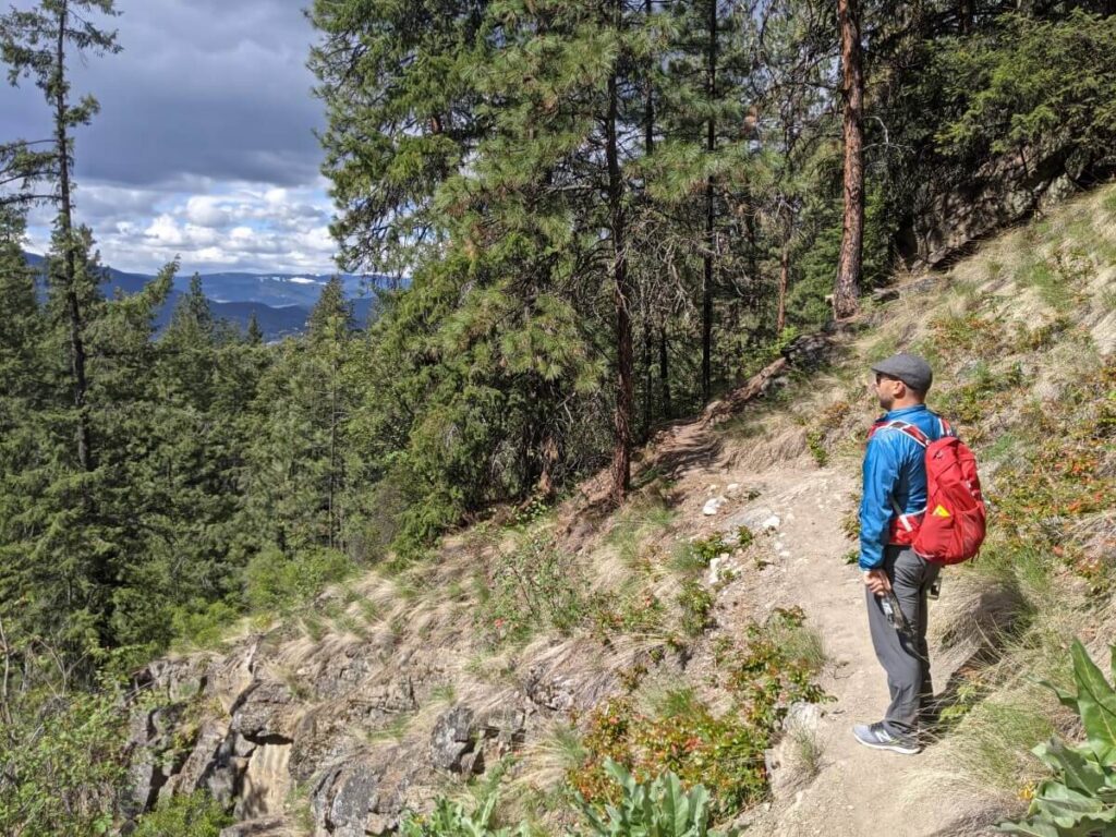 Side view of man with red backpack standing on narrow dirt path with sloped terrain on left. Mountains are visible in the background through the trees