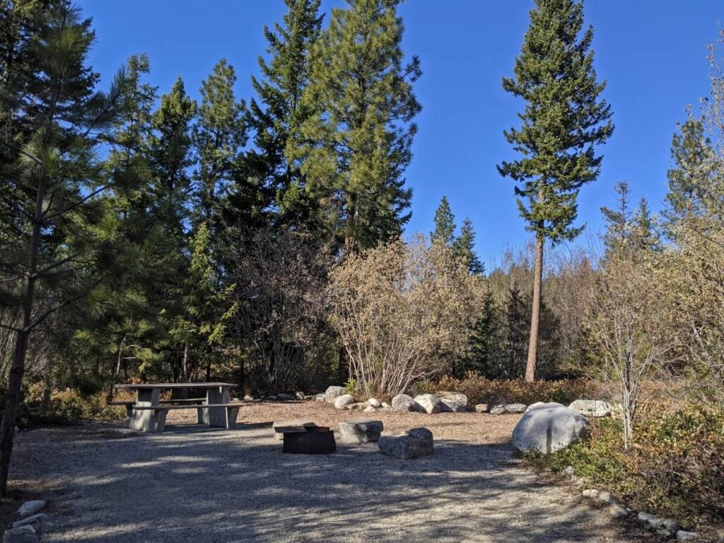 Flat gravel campsite at Lost Moose Campground, with wooden picnic table and metal firepit in background, surrounded by pine trees