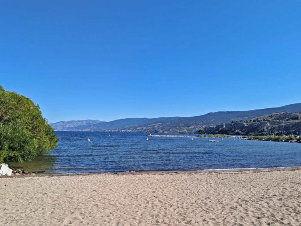 Golden sand next to relatively calm lake, with tree on left and marina visible on right. Forested hills in background