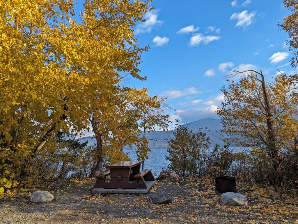 Campground view of picnic table and fire pit on dirt area in front of lake area. There are trees between the campsite and lake, all lit up in autumnal colours