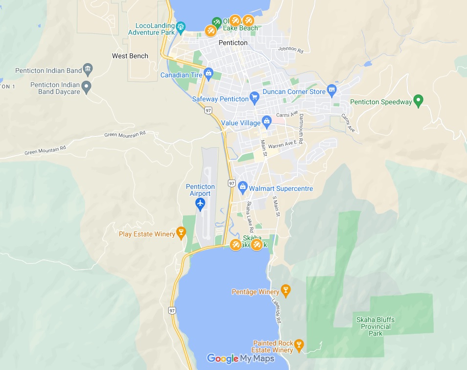 Screenshot of Google Map showing the location of Penticton's best beaches