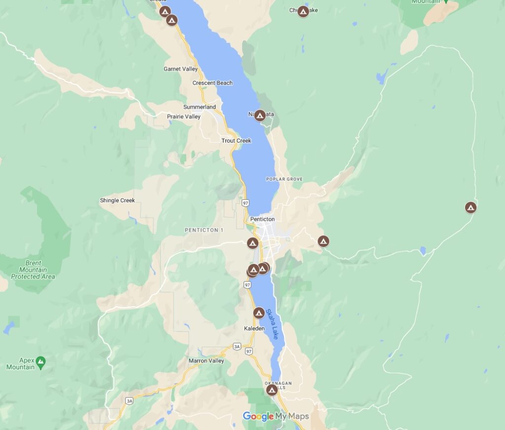 Screenshot of Google Map with Penticton campgrounds