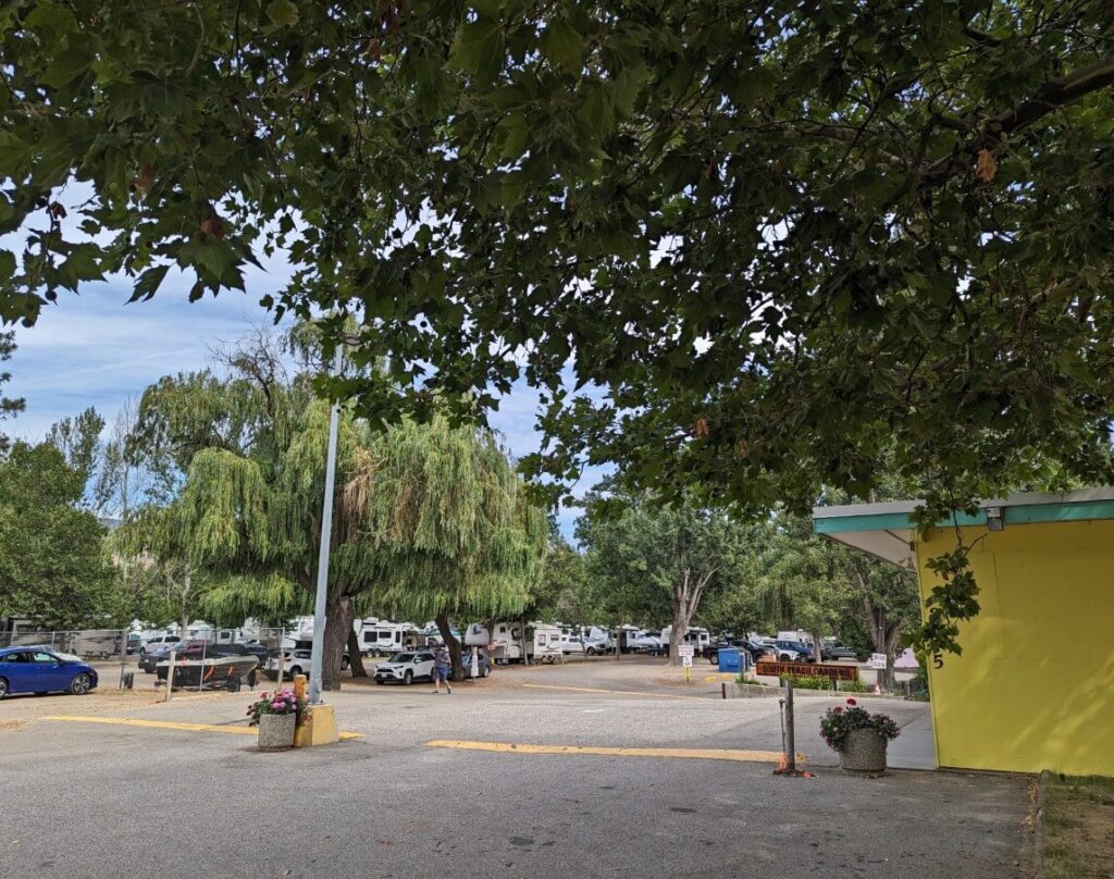 South Beach Gardens RV Park exterior with yellow building on right, RVs visible in background, with tree above