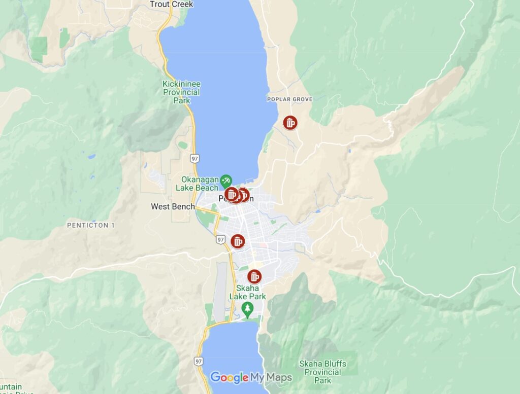 Screenshot of Google Maps with Penticton craft breweries
