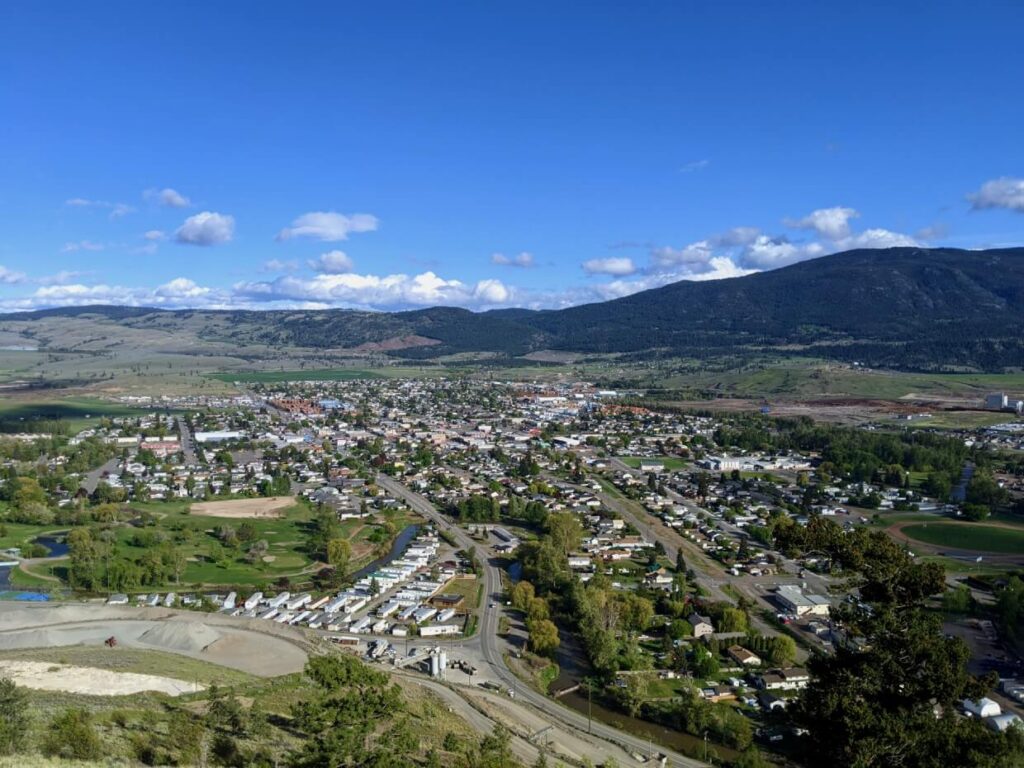 Elevated view looking down on Merritt in green valley