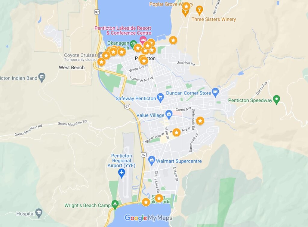 Screenshot of Penticton with marked 'things to do with kids' activities 