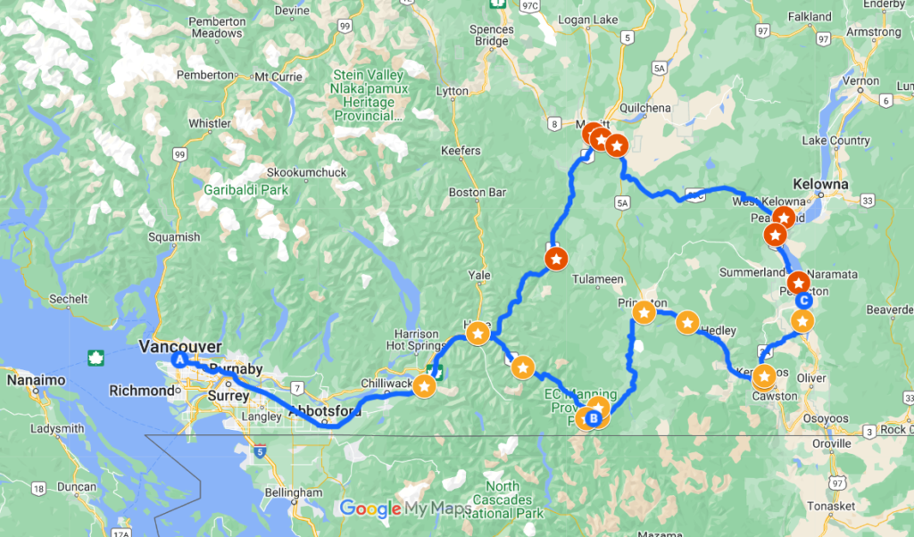 Screenshot of Vancouver to Penticton road trip route on Google Maps