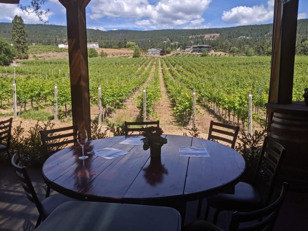 Round table on Serendipity Winery patio with vineyards stretching behind table into distance