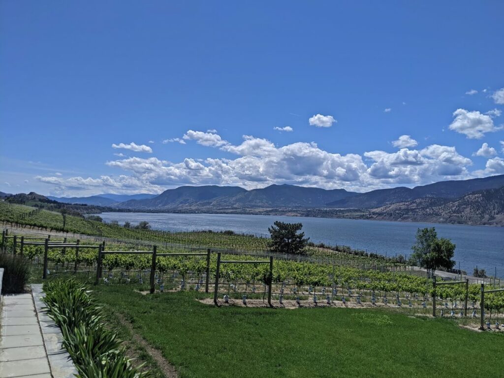 Bench 1775 patio views looking left, with sloped vineyard and Okanagan Lake in background, with rugged mountains other side