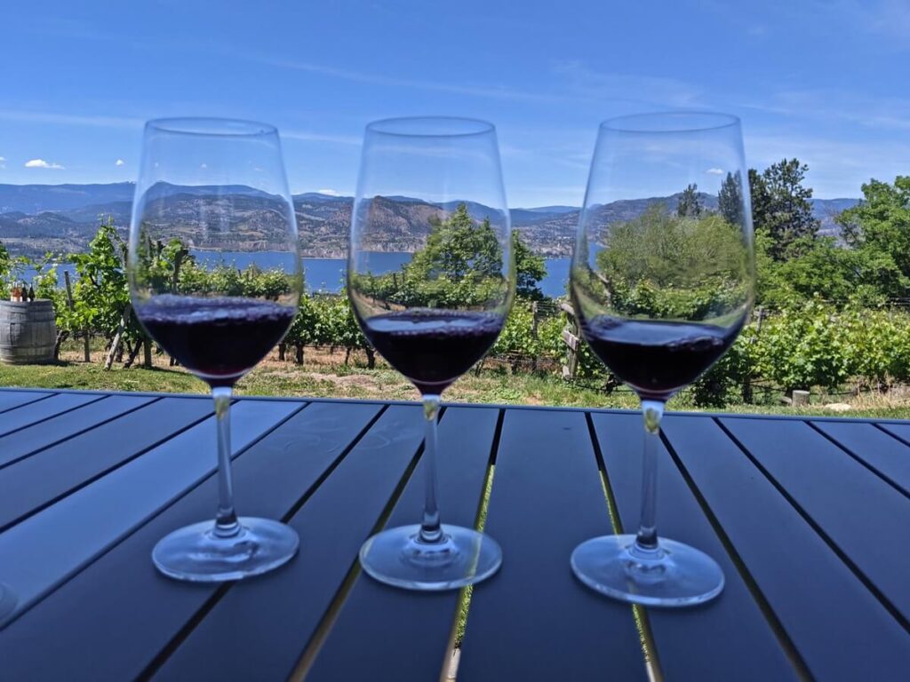Close up of three glasses of red wine at Nichol Vineyard on table in front of vineyard and lake view