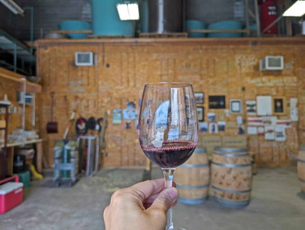 Close up of hand holing up a glass of red wine in Van Westen's warehouse-style tasting room