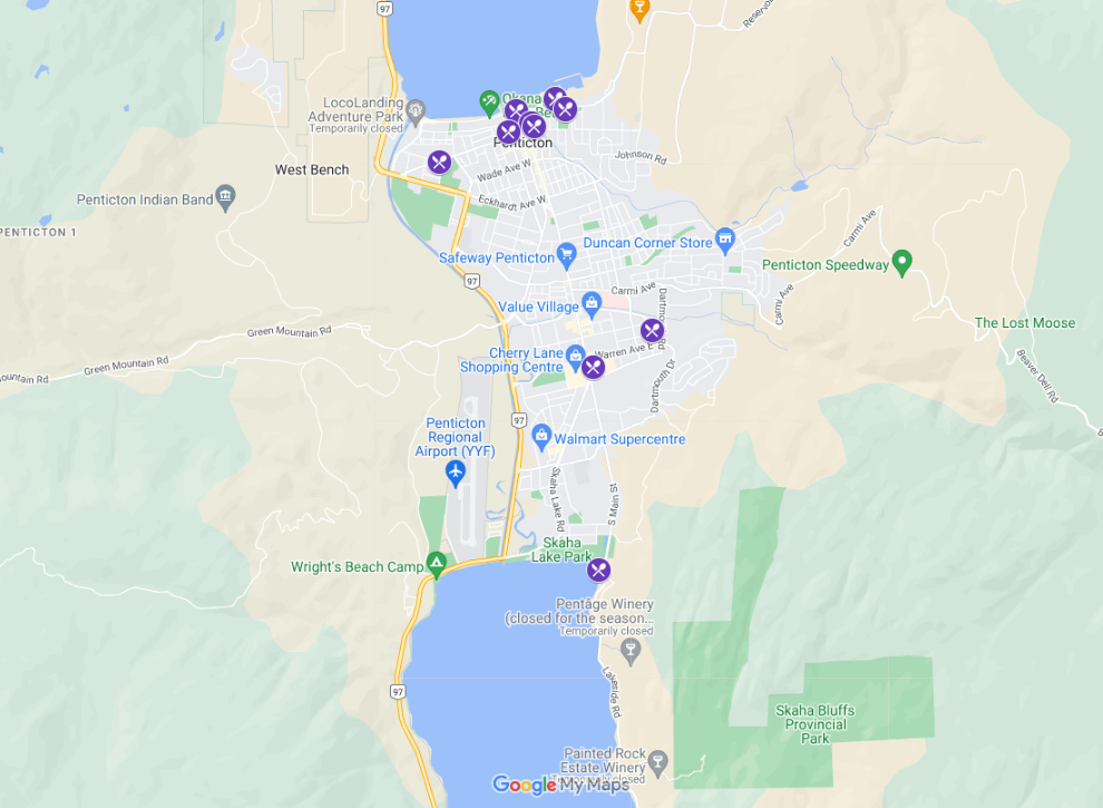 Screenshot of Google Map with Penticton breakfast spots marked