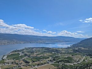 Looking down from Giant's Head Mountain summit viewpoint to a patchwork of vineyards and orchards in Trout Creek, next to Okanagan Lake, which is backdropped by the partially forested Naramata Bench
