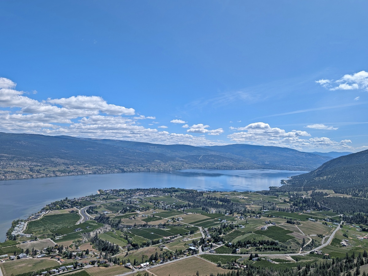 Looking down from Giant's Head Mountain summit viewpoint to a patchwork of vineyards and orchards in Trout Creek, next to Okanagan Lake, which is backdropped by the partially forested Naramata Bench