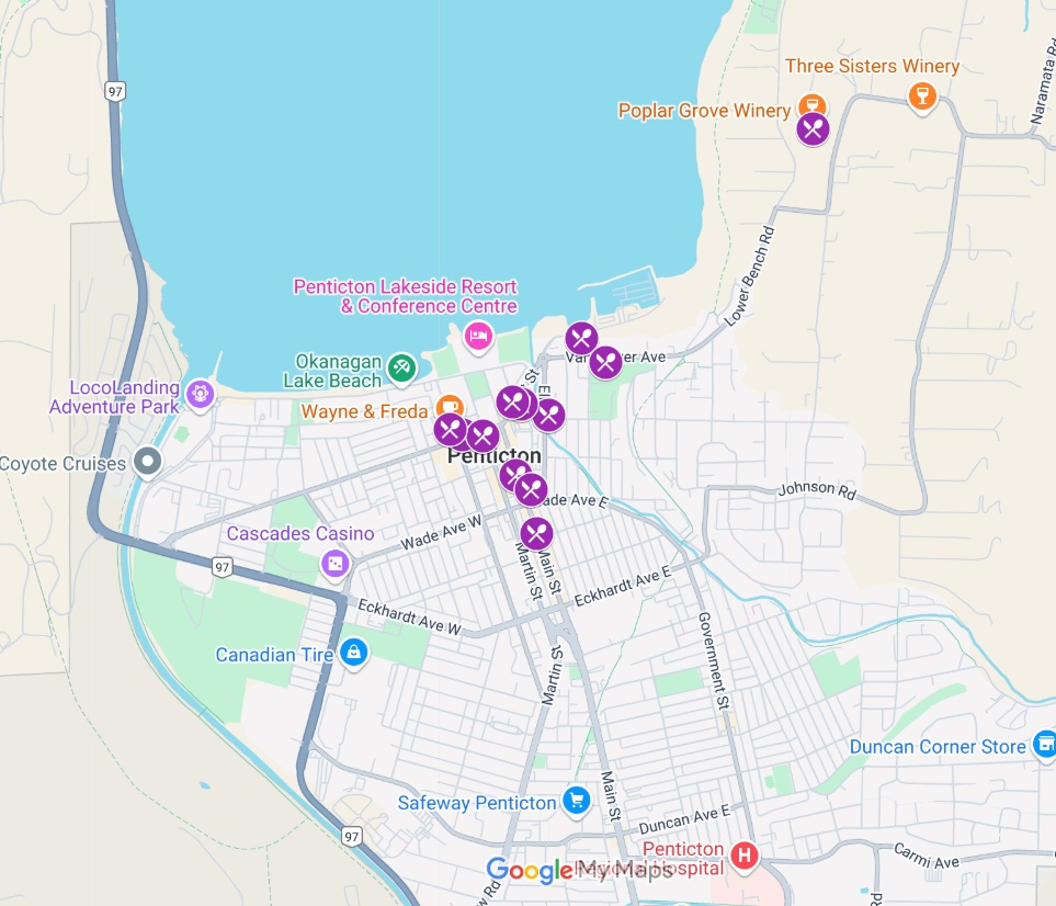 Screenshot of Google Maps showing the best lunch restaurants in Penticton