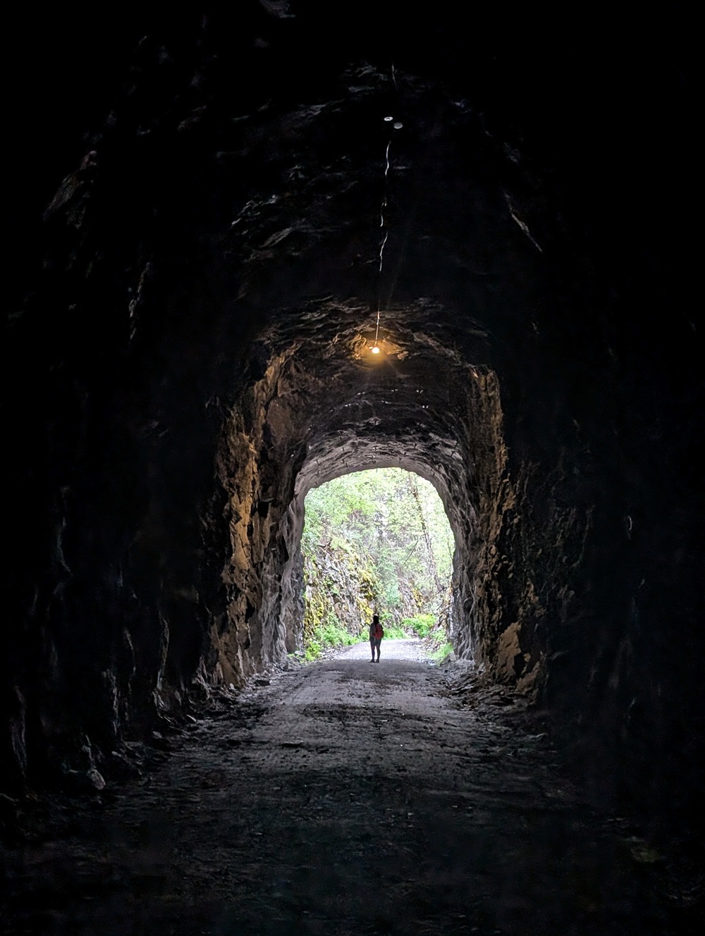 Back view of person standing in entrance of tall Adra railway tunnel, with single light providing light above