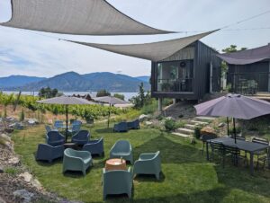 Modesta Winery's amphitheatre-style tasting area with lush lawn area, casual seating with umbrellas and shades, modern tasting bar building behind. Views of Okanagan Lake and vineyards in background