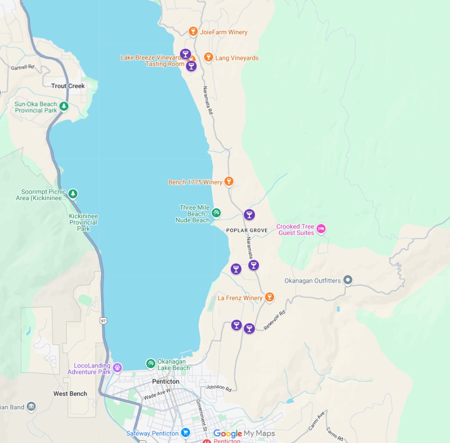 Screenshot of the most child friendly wineries on Google Maps