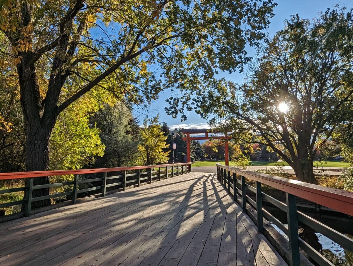 Late afternoon view of Penticton footbridge with Japanese Torii gate on other side, surrounded by trees