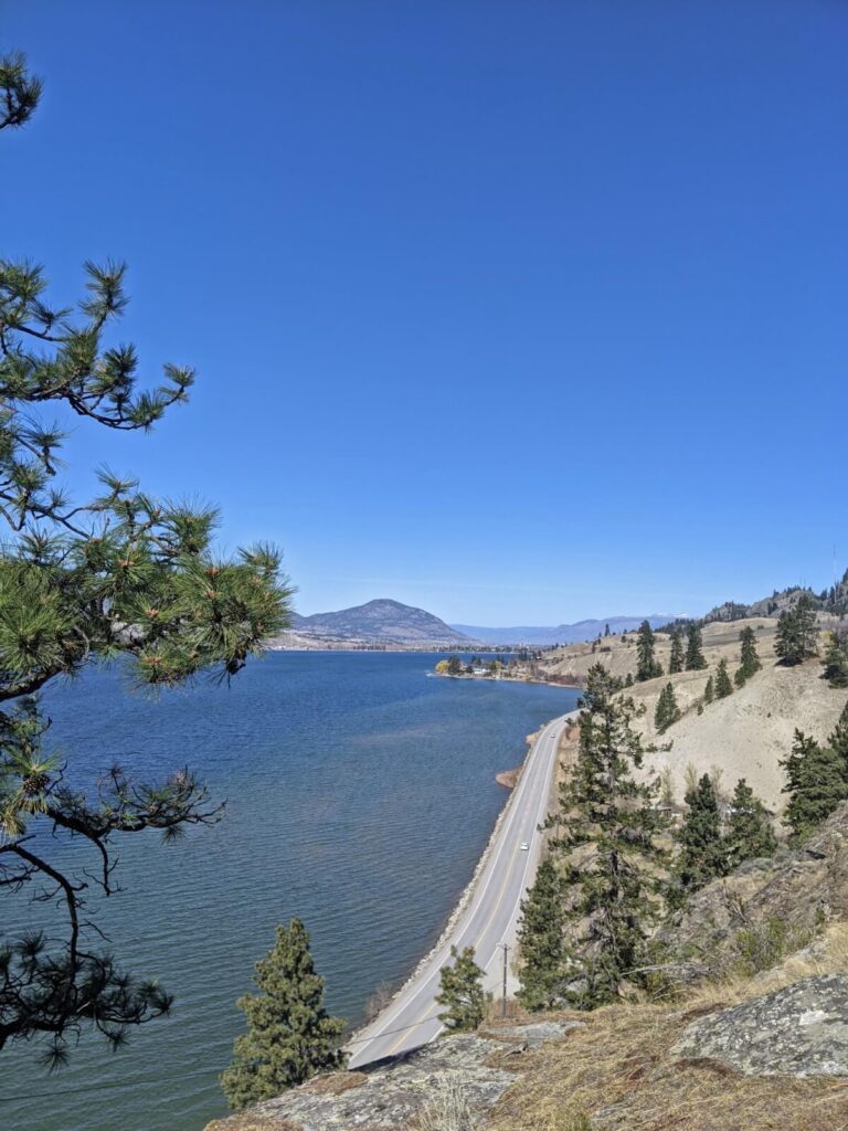 Looking down on Eastside Road running alongside Skaha Lake