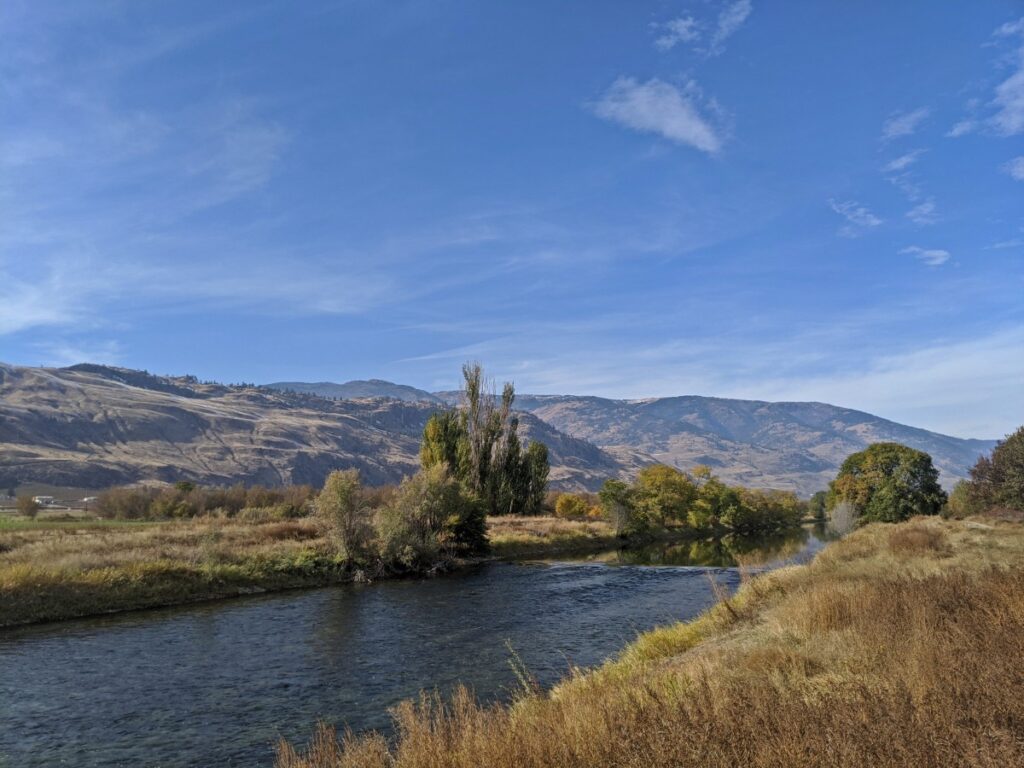Looking across grass towards wide Okanagan River, with scattered trees and mountains behind